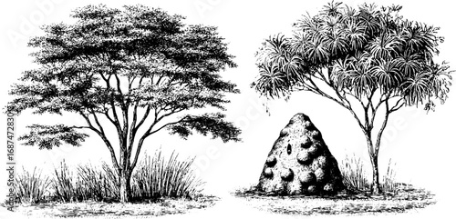 Savanna landscape with acacia trees and termite mound engraving collection for nature designs