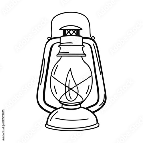 Black and white line drawing of a vintage kerosene lantern with a flame lamp light