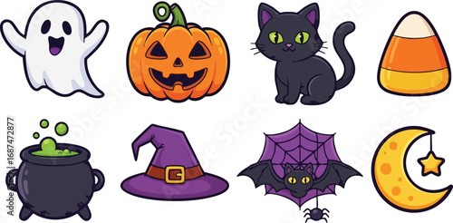 Cartoon halloween icons featuring ghost pumpkin cat and witch accessories