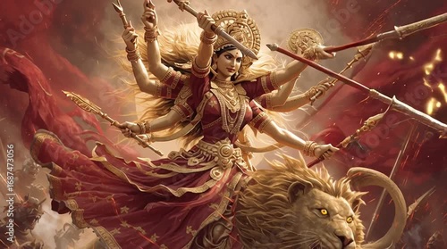 Goddess Durga in a fierce dynamic pose on her lion, powerful mythological depiction of strength and divine protection