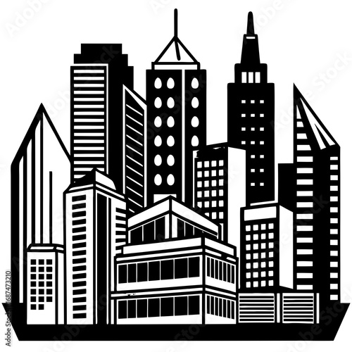 Vector illustration of a city skyline with various buildings and skyscrapers, creating a modern urban silhouette