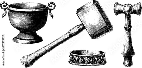 Stone carving tools engraved illustration set featuring mallet and chalice for design or craft projects
