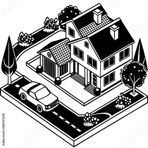 Isometric vector illustration of a city street with residential houses and commercial buildings