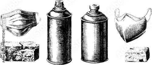 Street art engraving set featuring spray cans and protective masks for artistic designs