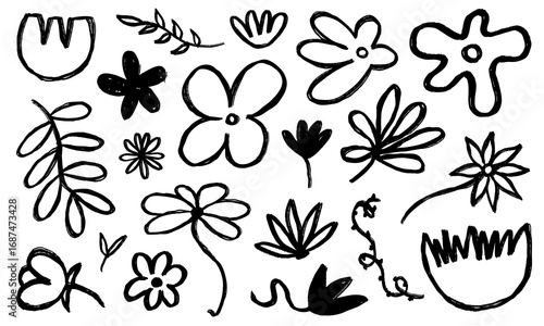 Collection of monochrome botanical line art doodles. Hand drawn floral and leaf elements in a simple, bold marker style for modern, minimalist designs.