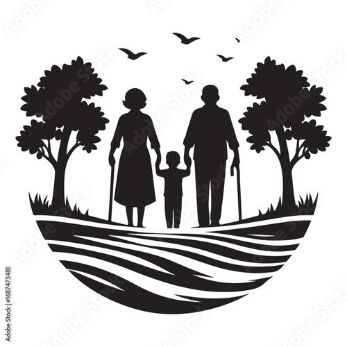 grandparents with kids vector silhouette clipart logo design illustration