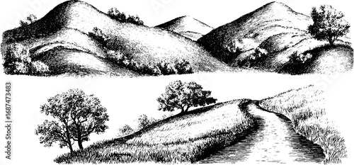 Vintage valley engraving set featuring rolling hills and serene landscape scenes for creative designs