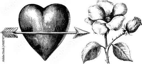 Vintage valentine's day heart and floral engraving set for romantic designs