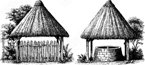 Vintage thatch village houses with well and fence - hand drawn engraving collection