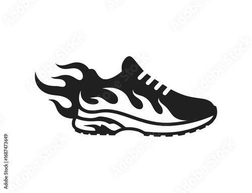 A black running shoe with flames emanating from it
