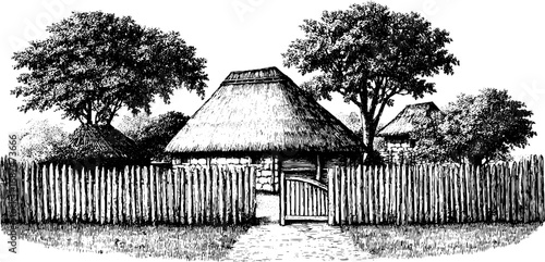 Vintage engraved illustration of thatch roof village house scene for design