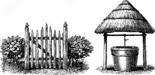 Engraved illustration of village house scene with thatch roof and wooden elements