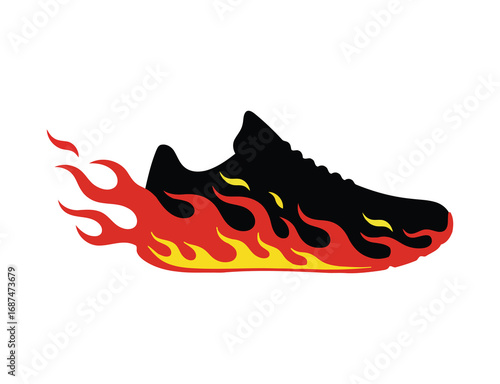 A black running shoe with red and yellow flames