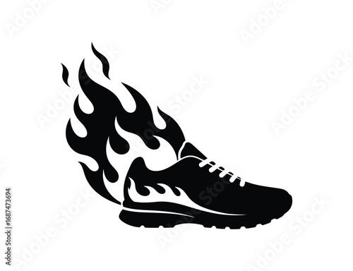 A white running shoe with flames emanating from it on a dark background