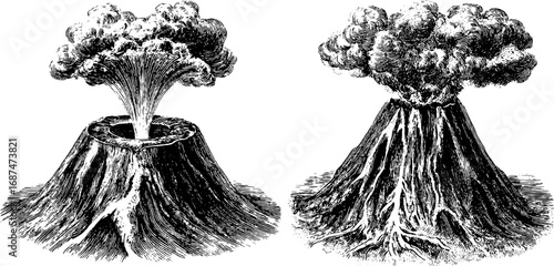 Erupting volcanoes engraving set for design and illustration projects