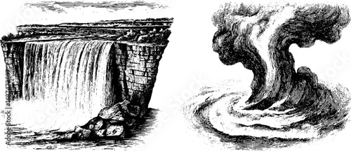 Vintage engraved waterfall and swirling water illustration set for retro designs