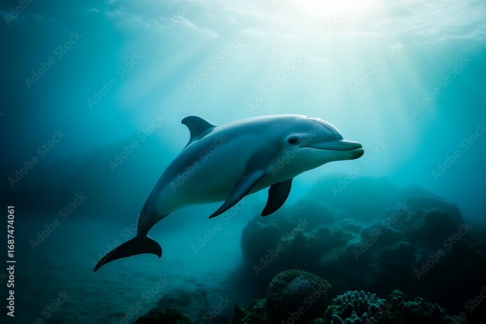 Obraz premium Bottlenose dolphin swimming underwater with sun rays shining through the water
