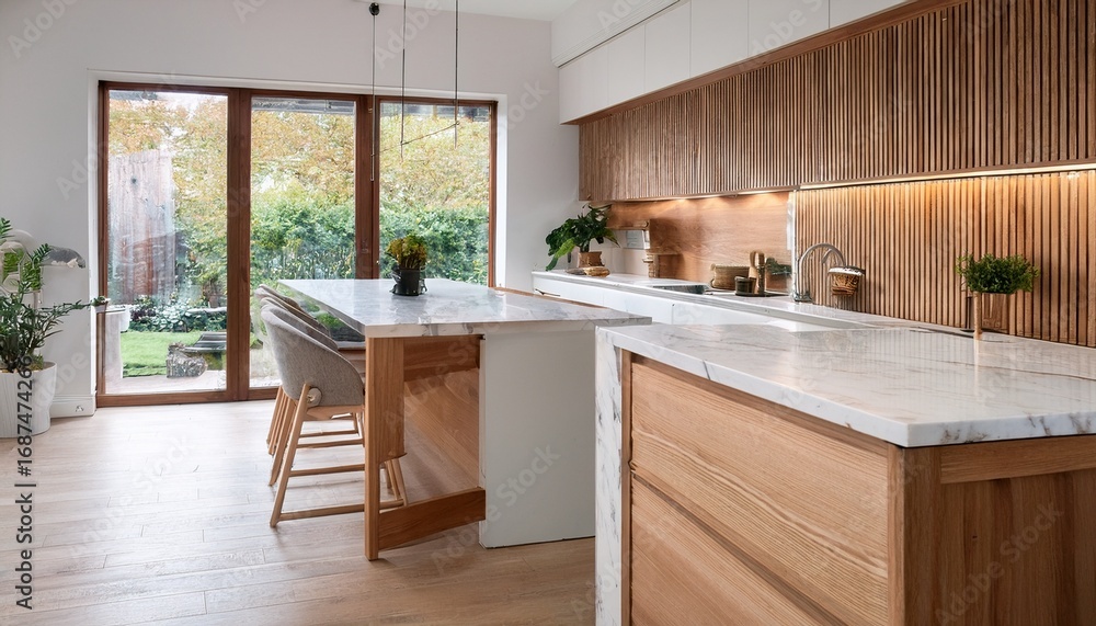 Fototapeta premium scandinavian kitchen with light oak island and white marble countertop