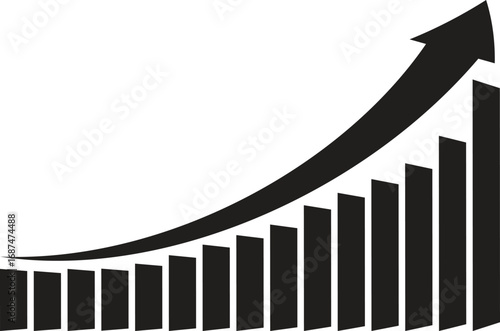 Black and white upward trending bar graph; positive growth; financial success icon.