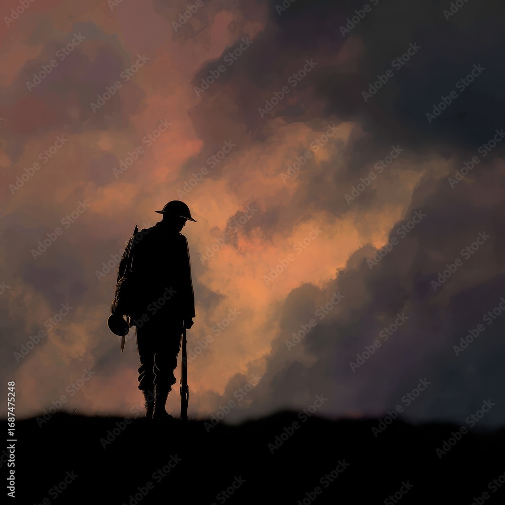 Fototapeta premium solemn soldier silhouette for memorial day with dusky sky