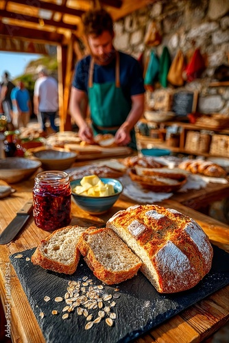 Mostrador irlandés con pan recién horneado y productos locales en un mercado rural