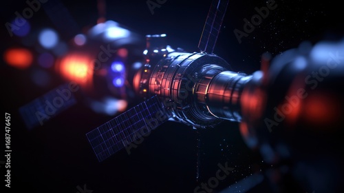 Fototapeta Naklejka Na Ścianę i Meble -  A detailed rendering of a space station with solar panels, illuminated by red and blue lights against a dark background.