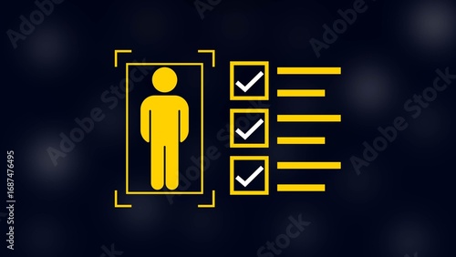 man with check mark in boxes on black background.