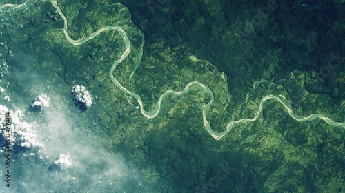 aerial view meandering river green forest