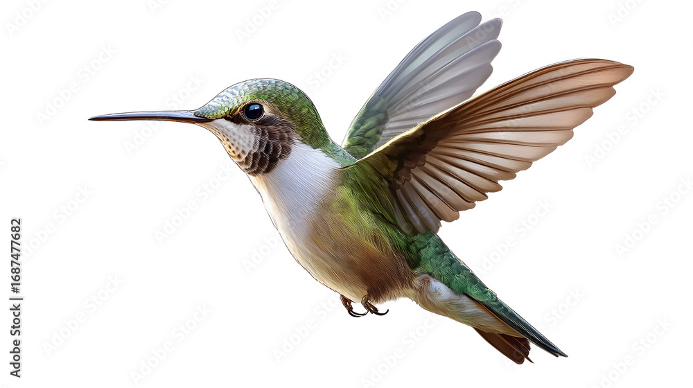 Fototapeta premium Vibrant hummingbird mid flight showcases its iridescent feathers and delicate wings, embodying grace and beauty nature. This small bird is known for its agility and speed, often found gardens