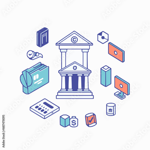 Isometric Financial Icons Bank Building Calculator Wallet and Data Cubes Keywords: bank building, finance, money, banking, financial, economy, investment, savings, currency
