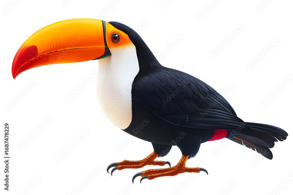 Naklejka premium Colorful toucan with large orange beak, black feathers, and white throat, standing on its feet. This vibrant bird symbolizes tropical environments and is often associated with rainforests