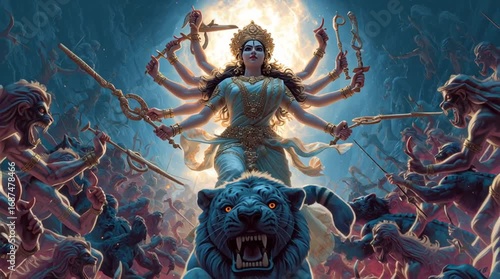 Goddess Durga in a fierce dynamic pose on her lion, powerful mythological depiction of strength and divine protection