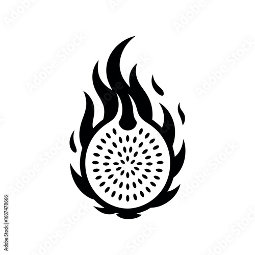 Black silhouette of dragon fruit slice with flames pitaya