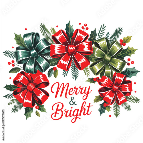 Red green bows holly berries christmas ribbon