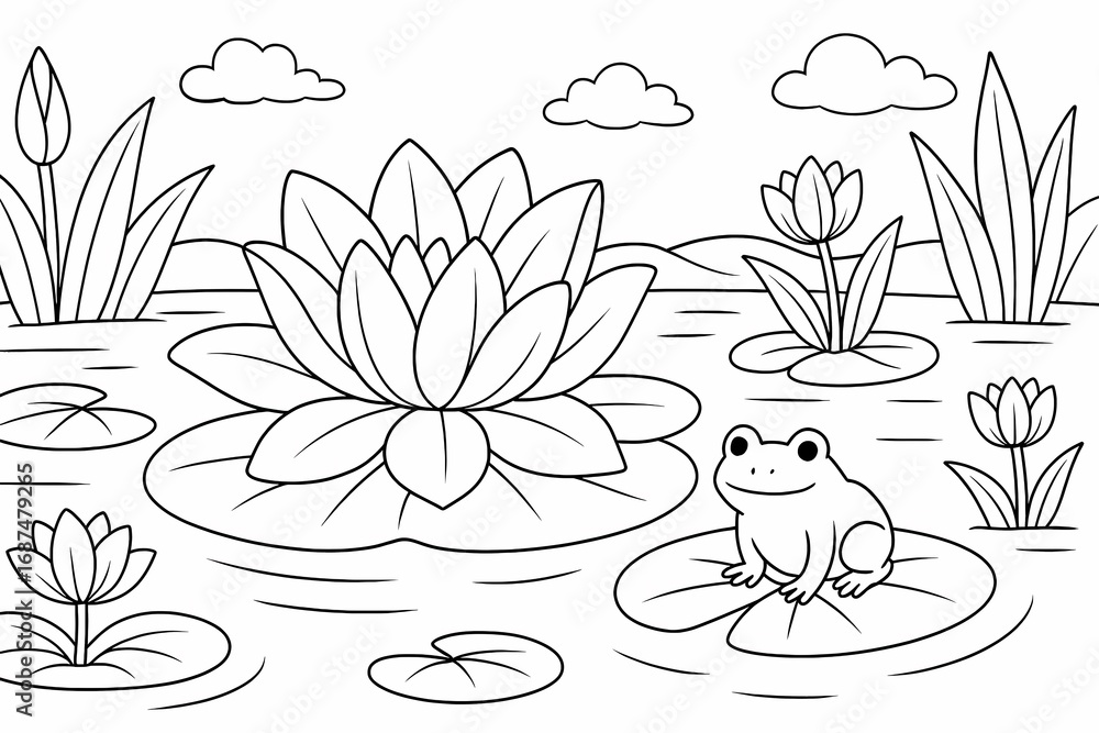 Obraz premium Cute frog sitting on water lily leaf with lotus flowers in pond, cartoon nature coloring page