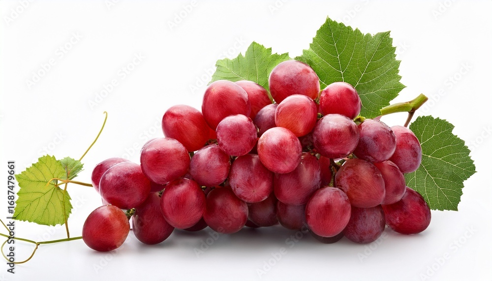 Obraz premium beautiful bunch of red globe grapes with green leaves on white background