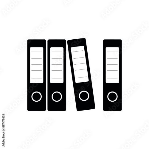 Four black ring binders with white labels and finger holes on white background file folder