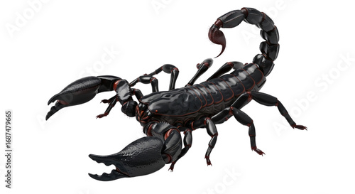 Detailed Realistic Black Scorpion with Red Accents Isolated on White Background Studio Shot Venomous Arachnid Predator