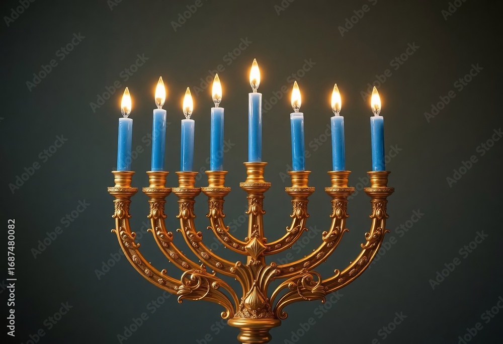 Fototapeta premium A Golden Menorah With Blue Candles