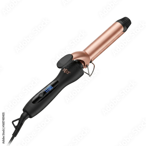 Rose gold curling iron wand isolated on transparent background