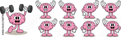 Cartoon Brain Character Lifting Dumbbells And Expressive Poses Keywords: brain, cartoon, character