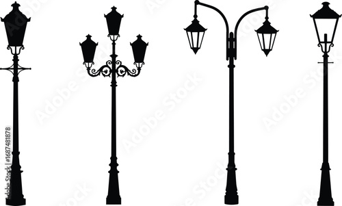 a collection of vintage street lamps silhouettes