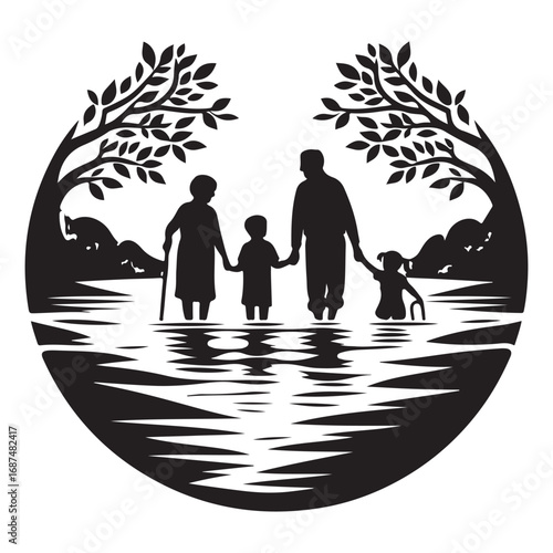 grandparents with kids vector silhouette clipart logo design illustration
