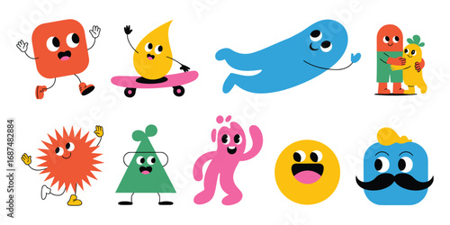 Diverse Group Of Abstract Cartoon Characters With Playful Expressions shape funny