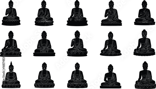 Fifteen black silhouette Buddha statues in various poses on white background Keywords: Buddha, statue