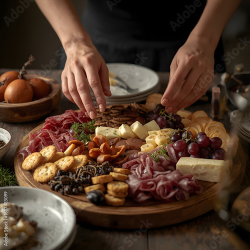 Artisan Culinary Creation: A skilled chef meticulously arranges a diverse selection of gourmet charcuterie, including cured meats, cheeses, and artisanal crackers, presenting a culinary masterpiece.