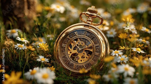 Golden antique pocket watch with exposed gears resting in a field of daisies and buttercups.