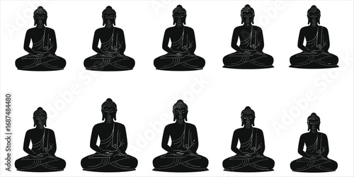 Ten black silhouette Buddha statues in meditation poses on white background Keywords: Buddha, statue