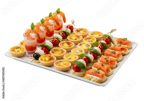 A beautifully arranged platter displays a variety of delicious appetizers, including shrimp cocktails, savory mini quiches, and smoked salmon canap?s.