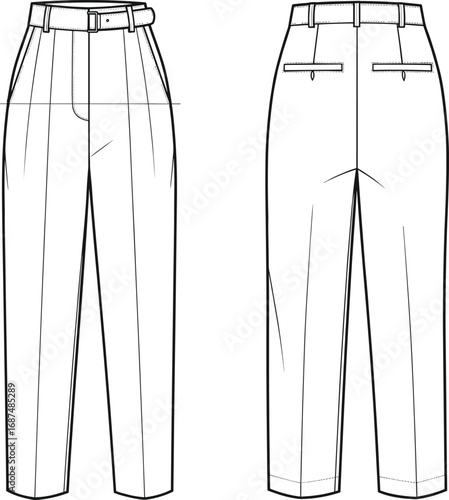 High waist tailored trousers sketch, front and back view, fashion flat, garment design, cad drawing flat vector illustration template